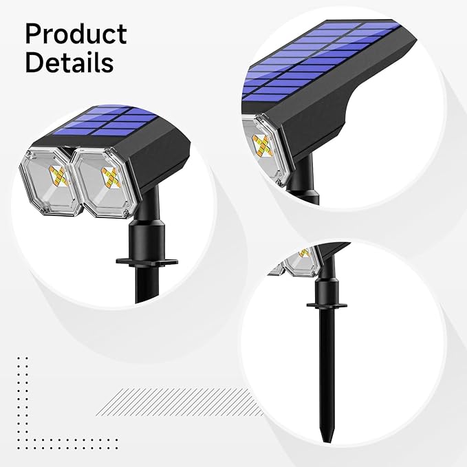 2 Pcs Solar Spotlights 8 RGB Light Options Head 90° Adjustable Outdoor Waterproof Abs Material Charge USB and Solar for Garden Pathway Patio Garage