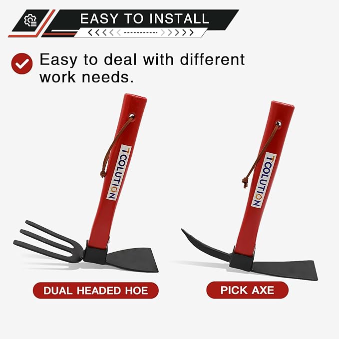 4-Pcs Gardening Tool Set – Pick Axe Hoe Hand Tiller &amp Garden Rake with 10.6 Wooden Handles DIY Assembly Required Garden Tools for Digging Soil Loosening Weeding &amp Cultivating