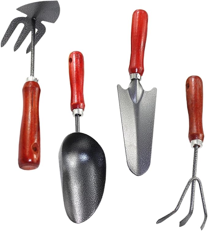 TIDTALEO 4pcs Garden Tool Set Small Spade Shovel with Extended Narrow Blade 3-Claw Rake Dual-use Pointed Hoe and Soil Scoop for Gardening and Planting
