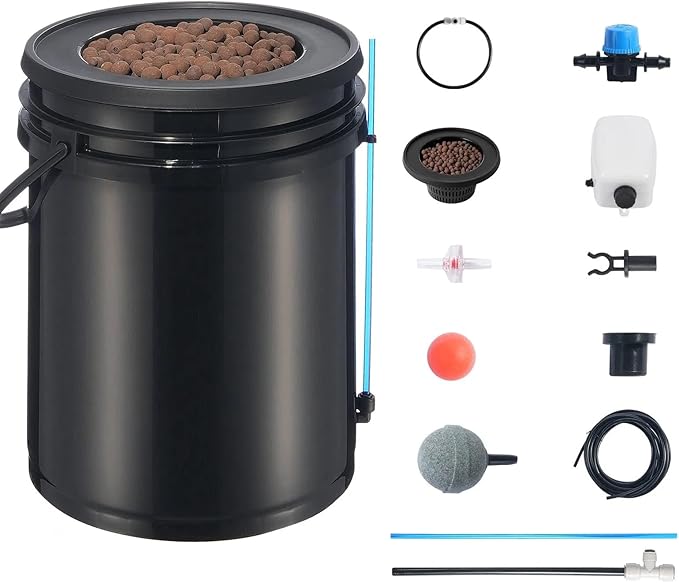 DWC Hydroponics Grow SystemHydroponic Growing System with Top Drip Kit5-Gallon Deep Water Culture with Air PumpAir Stone and Water Level Device for Leafy Vegetables(1 Bucket+Top Drip Kit)