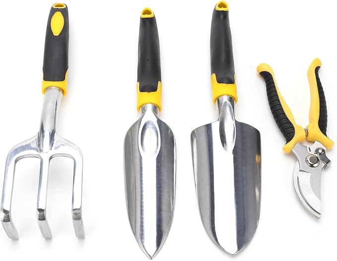5Pcs Gardening Tool Kit Transplanting Spade Pruner with Cast Aluminium Head Heavy Duty Ergonomic Wood Handle for Planting Flowers Gardening Tool Kit Garden Tool Set Gardening