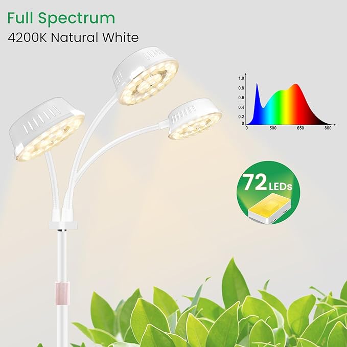 LORDEM Full Spectrum Plant Light for Indoor GrowingTri-Head Grow Light with Stand for Large PlantsAuto ON/Off Timer 6/8/12/16H 5 Dimmable Levels 20-70 inches Adjustable Height