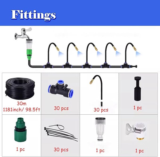 Site Fence Sprinkler System for Cooling/Dust Removal Greenhouse/Garden Irrigation Kit Versatile Outdoor Misting Cooling System with Nozzles &amp Hose(1181inch/30m/98.5ft)
