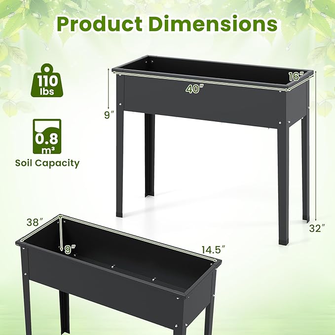 HAPPYGRILL Raised Garden Bed Metal Elevated Planter Box w/Legs Drainage Holes for Growing Vegetables Fruits Flowers Indoor Outdoor Standing Plant Container for Backyard Patio (Black 40”x16”x32”)