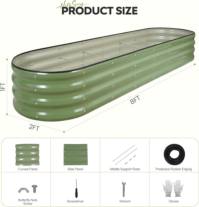 ZORMY Galvanized Raised Garden Bed 1 Pack 8x2x1ft Oval Metal Planter Box Outdoor with Support Rods &amp Corner Protection Planter Beds for Vegetables Fruits Flowers (OliveGreen)