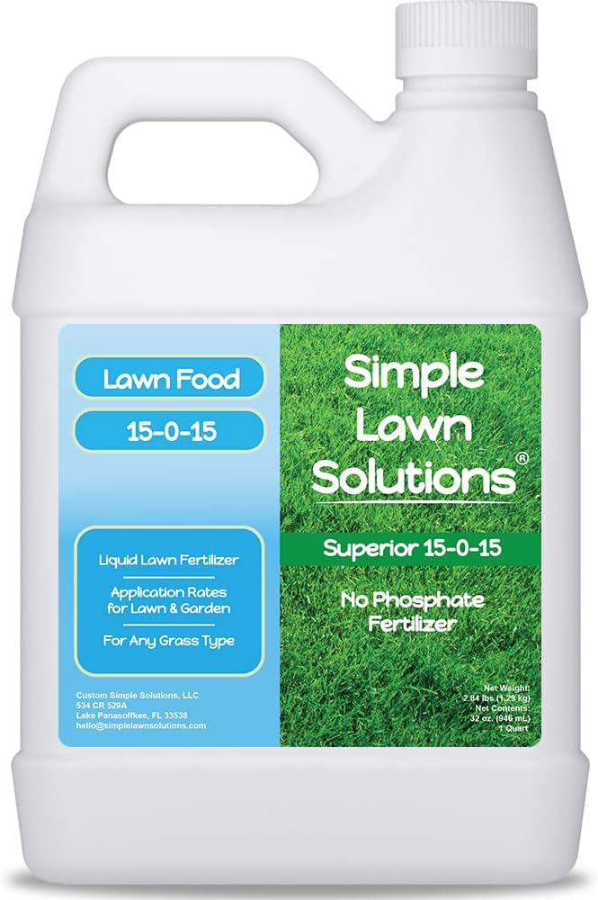 Superior 15-0-15 Liquid Fertilizer Nitrogen &amp Potash Lawn Food - Concentrated Spray- Any Grass Type- Simple Lawn Solutions Green Growth - Humic Acid - Kelp Seaweed - Phosphorus-Free (1 Quart)