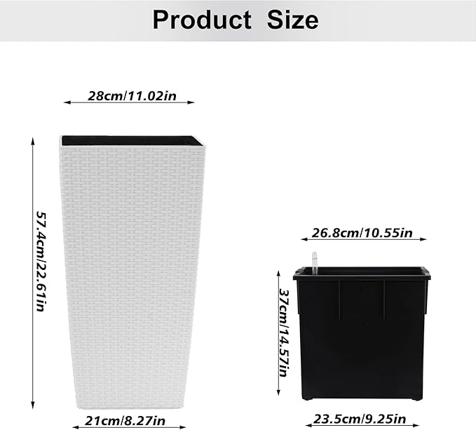 IndoorOutdoor Faux Rattan Square Planter 22.6 inch White Plastic Large Planter with Automatic Watering System for Home and G(White 22.6 inch 2 Pack)