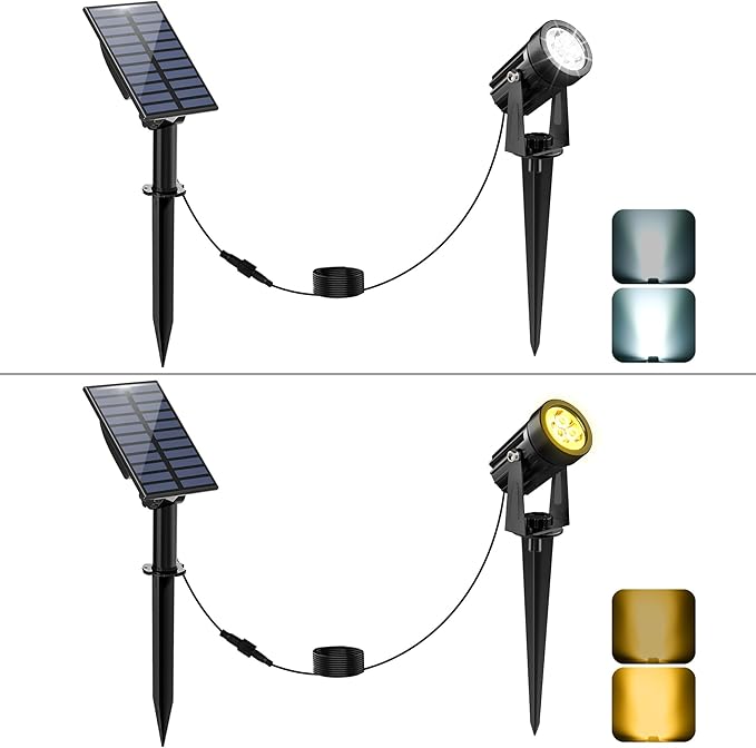 Solar Spot Lights Outdoor Solar Landscape Spotlights IP65 Waterproof 9.8ft CableAuto On/Off Outdoor Wall Lights for Garden Yard Driveway Porch Walkway Pool (3000K Warm White+6000K White)