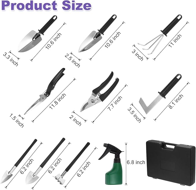 HARFINGTON 1 Set Garden Tool Set 10 Pieces Plastic Gardening Planting Tools Kits with Shovels Rake Scissor Trimmer Water Sprayer and Store Case Black