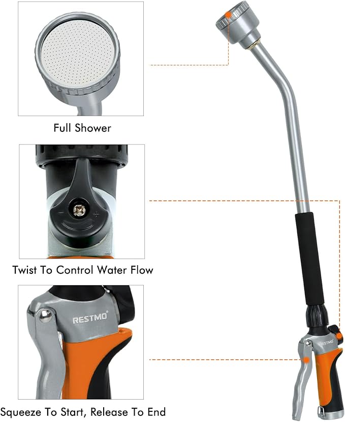 RESTMO Long Watering Wand 24 Inches Gentle Soft Full Shower Sprayer Wand with Flow Control Heavy Duty Metal Hose Wand for Hanging Baskets Shrubs Plants Flowers Garden and Lawn Orange