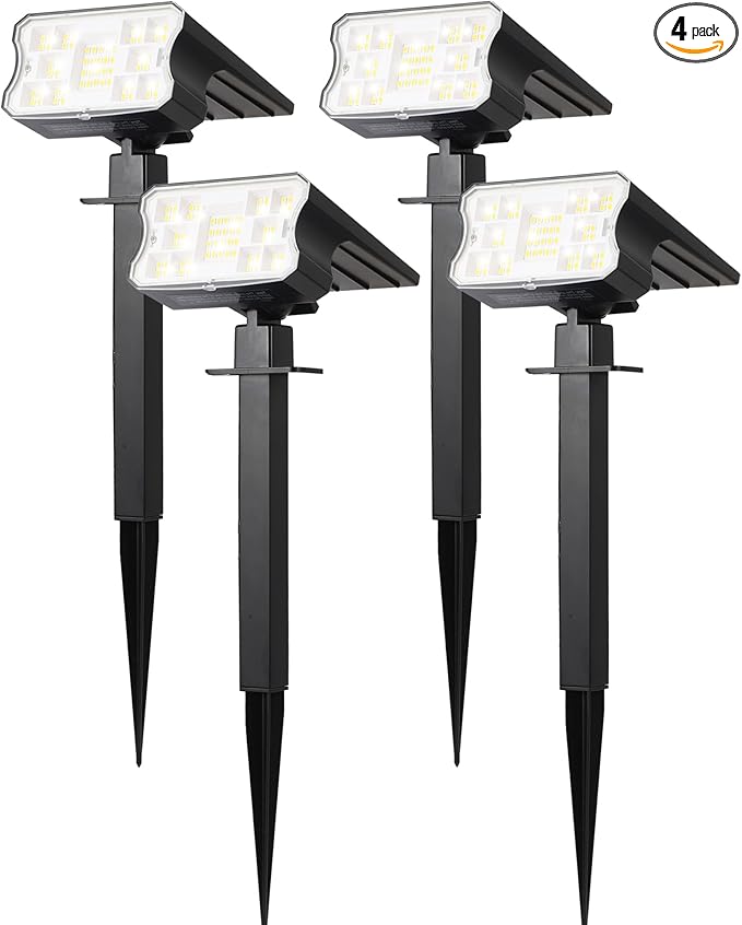 HGGH Solar Lights Outdoor Waterproof IP67 60 LED 3 Lighting Modes Solar Spot Lights Outdoor for Yard Garden Pathway Landscape Auto On/Off Function 2 in 1(Cool White 4 Pack)