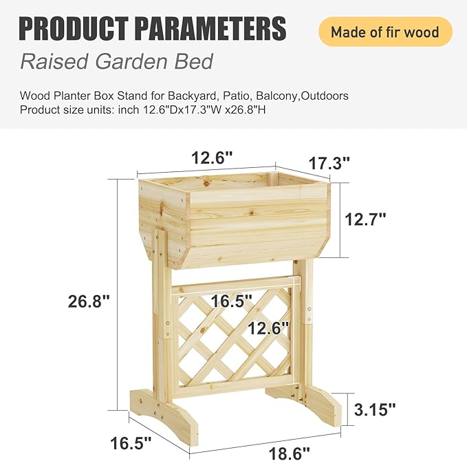Raised Garden Bed with Diamond Lattice TrellisWood Planter Box Stand for Backyard Patio BalconyOutdoors (Natural)