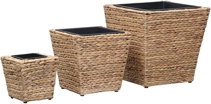 Raised Garden Bed Planter Boxes Natural Water Hyacinth &amp Steel Set of 3 Square Indoor Planters with Removable Pots Rustic Beige for Living Room Decor