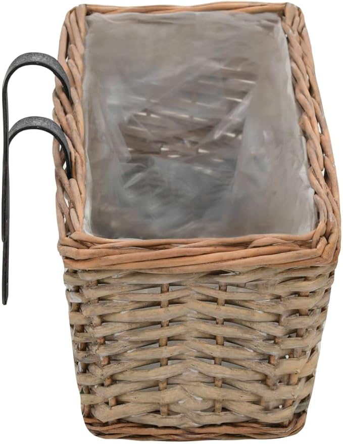 Brown Wicker Planter Set of 2-31.5 in Long Rectangular Planters for Fence Garden Wall and Patio Use - Rustic Synthetic Wicker - Galvanized Welded Mesh