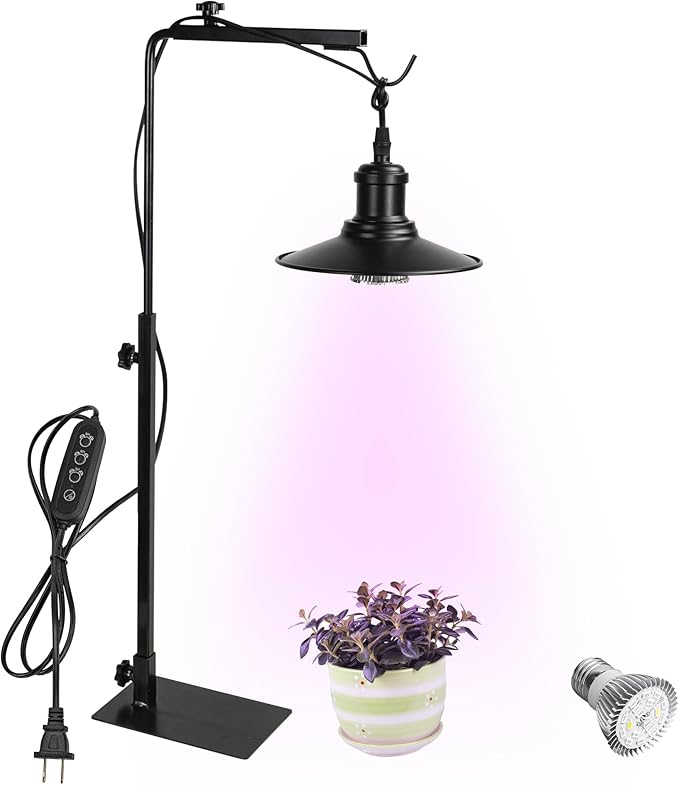 Free Standing Plant Grow Red &amp BlueLighting Adjustable Height 15 Feet Plug Timer Switch Cord Black Shade Simple Design for Plants Growing Indoor Gardening