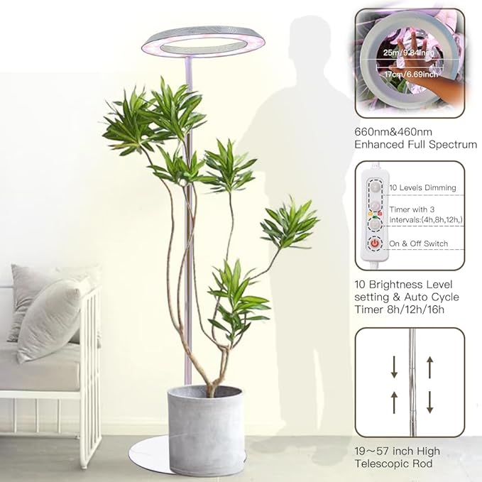 Qux 10” Halo Pro Grow LightFull Spectrum LED Freestanting Plant Grow Lamp for Indoor Larger Plants with 3 Kind of Light Colors switchover &amp 10-Level DimmableAuto On Off Timing 4/8/12Hrs (Relief)