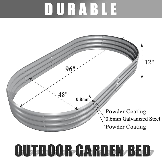 4 Pack 8x4x1FT Galvanized Raised Garden Bed Kit Oval Metal Ground Planter Box Outdoor Bottomless Planter Raised Beds for Vegetables Flowers Herbs Fruits Gray