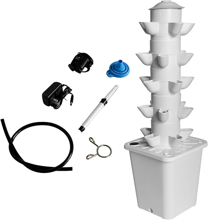 Vertical Hydroponic Growing System Tower 25 Pods White- Indoor Smart Garden with Auto Watering Timer &amp Movable Tank Soilless Planter for Herbs Vegetables Fruits | Pump Included Space-Saving De