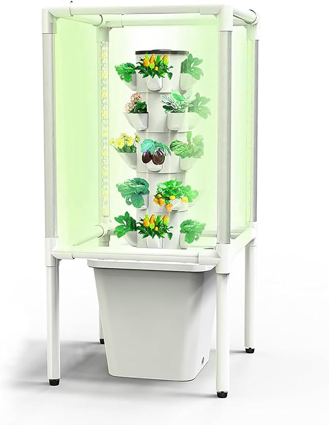 Hydroponics Tower Kit With LED Grow Light - Germination Kit With Hydrating Pump Net Pots Timer For Indoor Hydroponic Gardening - Smart Garden Planter Aeroponics Growing Kit With Adapter