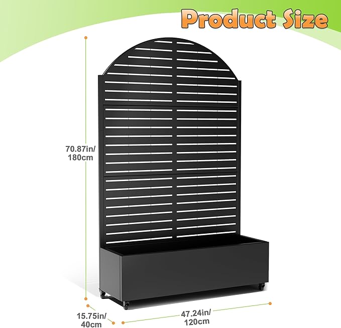 Metal Raised Garden Bed with Trellis 2-in-1 Planter Box &amp Privacy Screen for Climbing Plants Outdoor Standing Flower Bed with Drainage Holes 47.2 L x 16.7 W x 70.8 H Black-Louvered