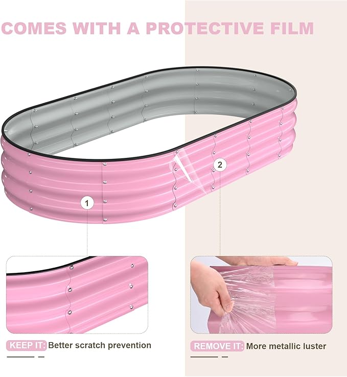 Raised Garden Bed 6x3x1ft Galvanized Outdoor Planter Beds with Safety Edging and Gloves Oval Metal Planter Box for Gardening Vegetables Flowers Herb-Blossom Pink