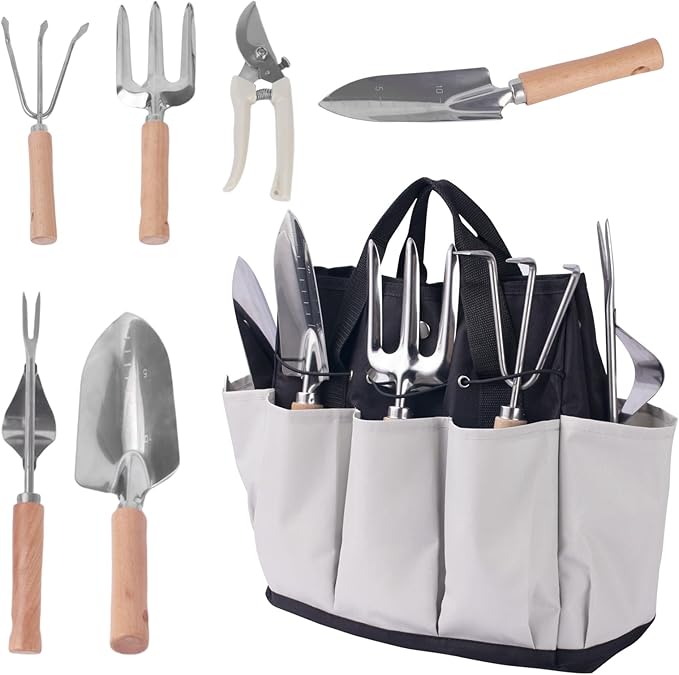 Garden Tool Set Stainless Steel Gardening Kit with Large Capacity Garden Tool Bag Outdoor Hand Tools Black Grey Garden Tool Kit for Women and Men