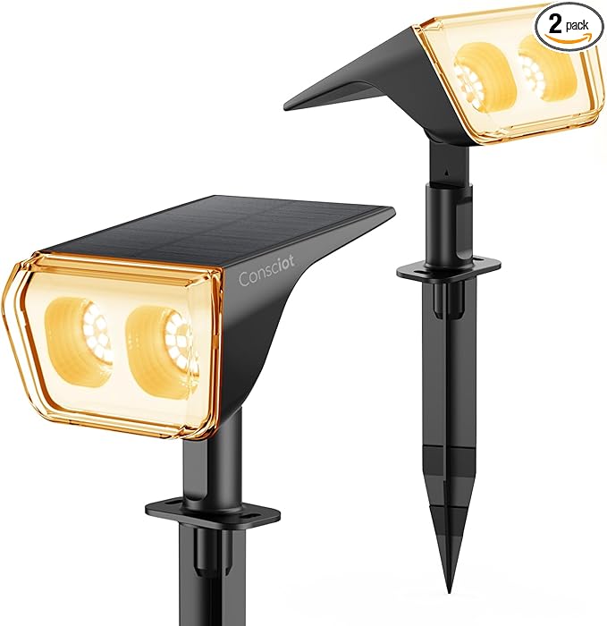 Consciot Solar Spot Lights Outdoor Waterproof 24 LED Dusk-to-Dawn Solar Spotlight 2 in 1 Adjustable Wall Lights Warm White Solar Landscape Spotlights for Garden Yard Wall Walkway 2 Pack