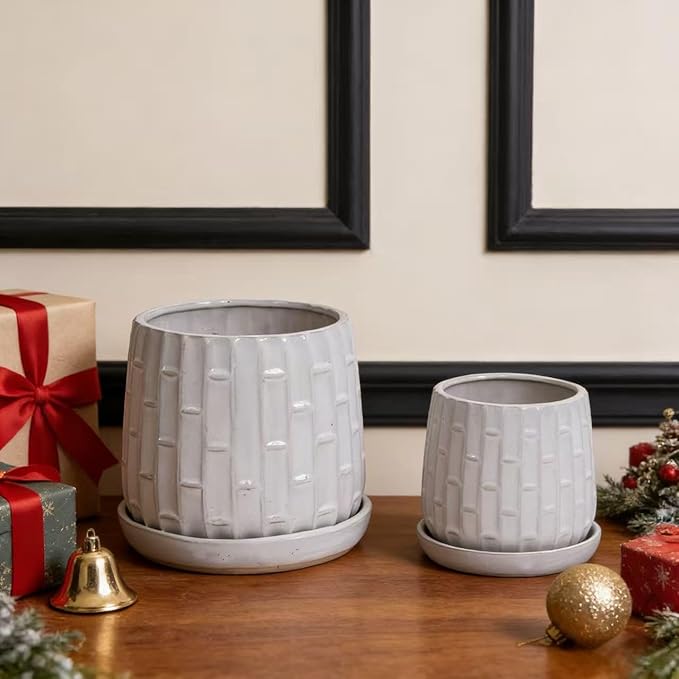 Handmade White Glazed Ceramic Planter Set of 2 6 8 Diameter Like Pattern for Orchids IndoorOutdoor Shelf Table Use Breathable Clay