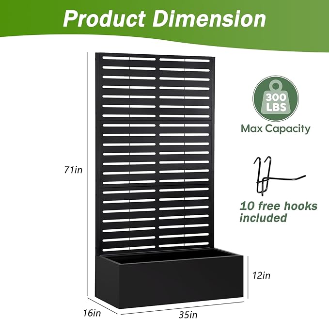 Metal Raised Garden Bed with TrellisPlanter Box for Climbing Plants Vegetables &amp Vines Features Drainage Holes and Privacy Screen.raised garden beds outdoor planters for porch (Black 71x35x1