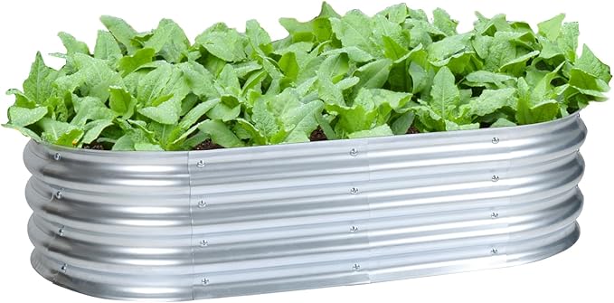 Aoodor Galvanized Raised Garden Bed Kit 4 x 2 x 1 Ft Oval Planter Box for Vegetables Flowers Herbs Outdoor Use Silver