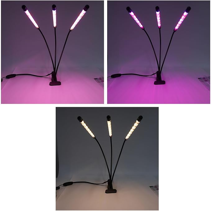 LED Grow Lights Full Spectrum 3 Head 12W Clipes On Indoor Plant Growing Lighting with Gooseneck 3 Timer 10 Dimmable Levels Three Light Modes Red Blue Warm (Head 12W)