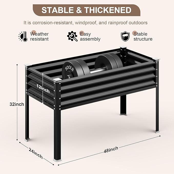 Raised Garden Bed with Legs 48×24×32in Galvanized Raised Garden Beds Outdoor Elevated Metal Planter Box for Gardening Vegetables Flowers Herb （Black）