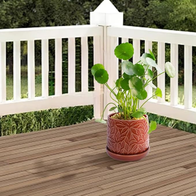 Handmade Ceramic Flower Pot with Leaf Pattern 6 8 Inch Diameter Rust Red Color for Orchids IndoorOutdoor Use on Windowsills Bookshelves Breathable Clay with Saucer