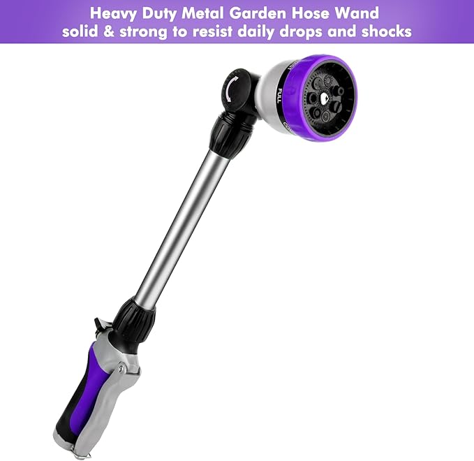 RESTMO Metal Watering Wand Heavy Duty Garden Hose Wand with 180° Swivel Ratcheting Head 16'' Hose Nozzle Sprayer with 7 Spray Patterns and Flow Control for Water Hanging Baskets and Shrubs Purple