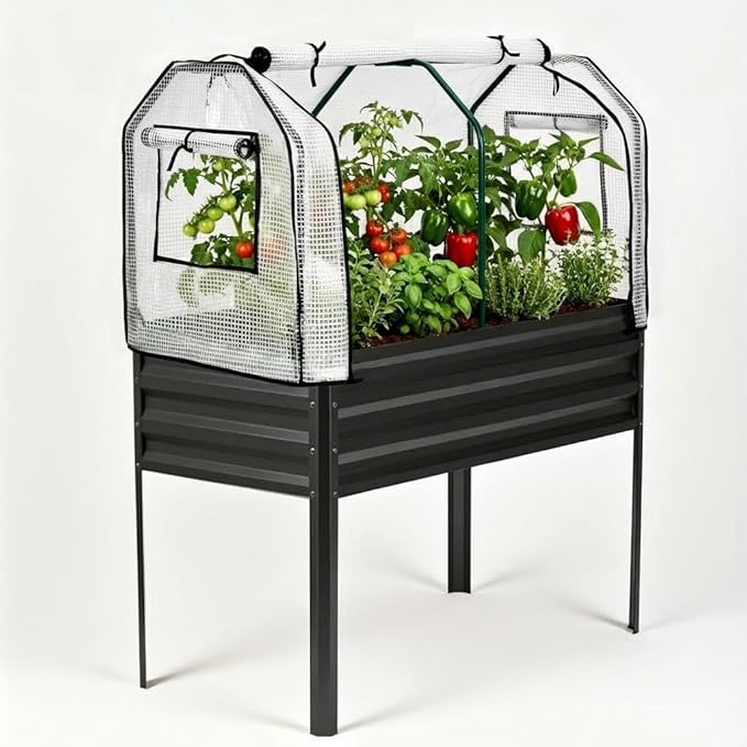 PeakPursuit Raised Garden Bed with Greenhouse Cover Raised Bed with Legs &amp Built-in Spray Tube for Vegetables Galvanized Metal Elevated Planter Box for Patio Backyard Balcony