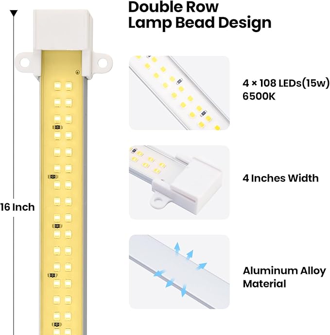 Mosthink Grow Lights for Indoor Plants 6500K Full Spectrum Plant Lights for Indoor Growing 16 LED Plant Grow Light Strips with 432 LEDs 3/6/12H Auto Timer 6-Level Dimmable 4-Pack