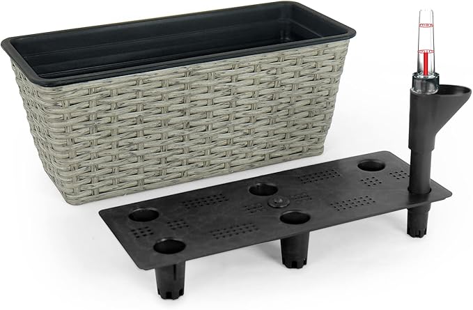 2 Pack Smart Self Watering Rectangle Planter for Indoor and Outdoor Hand Woven Wicker Gray