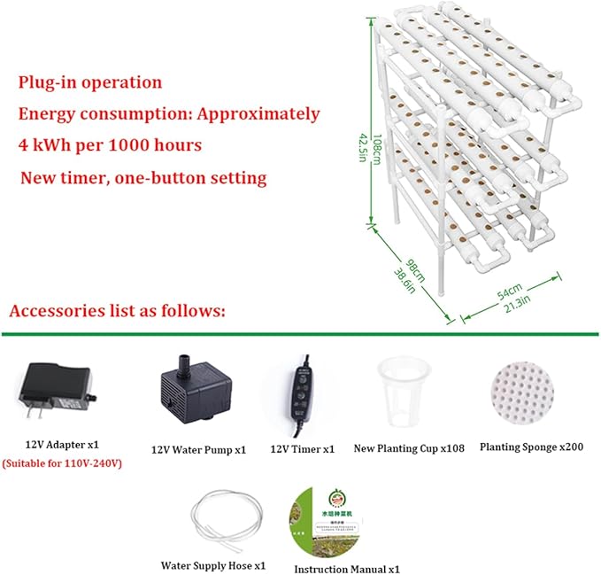 Hydroponics Growing System KitBalcony-Type Hydroponic Vegetable Growing MachinePVC Plant Sites with 108 Plant SitesGardening System Grow Kit with Water Pump Timerfor VegetablesFruitsHerbB