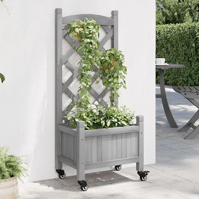 Grey Solid Fir Wood Planter with Trellis 11.8x15.7x38.4 in Rectangular Raised Garden Bed on Wheels Outdoor Indoor Planter Box for Climbing Plants