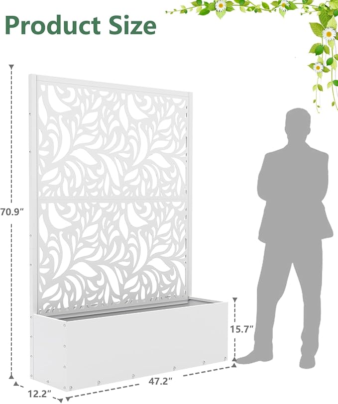 Metal Planter Box with Trellis70.9x47.2x15.7 Raised Garden Bed with Drainage Holes Privacy Planters for Outdoor Garden Bed for Climbing PlantsVegetablesand Vines White-Flower
