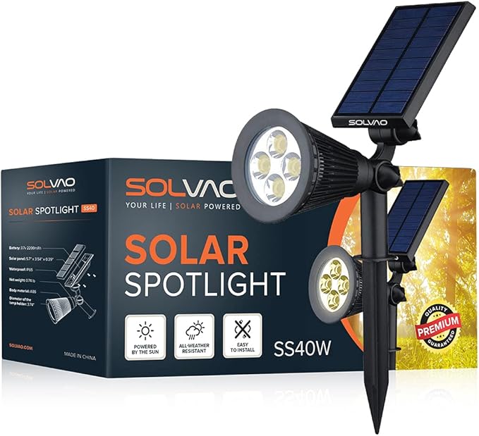 SOLVAO Solar Spot Light for Outdoor | Ultra Bright Wireless IP65 Waterproof | Auto On/Off Adjustable 270° | for Driveway Landscape Fence Yard Palm Tree | Keep All Year Long | Warm White