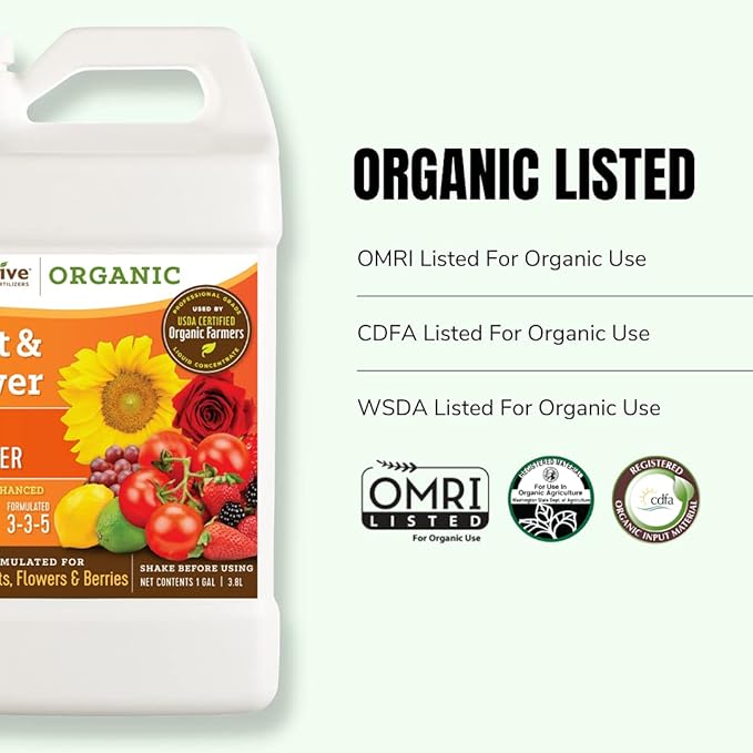 AgroThrive Fruit and Flower Organic Liquid Fertilizer - 3-3-5 NPK (ATFF1128) (1 Gal) for Fruits Flowers Vegetables Greenhouses and Herbs