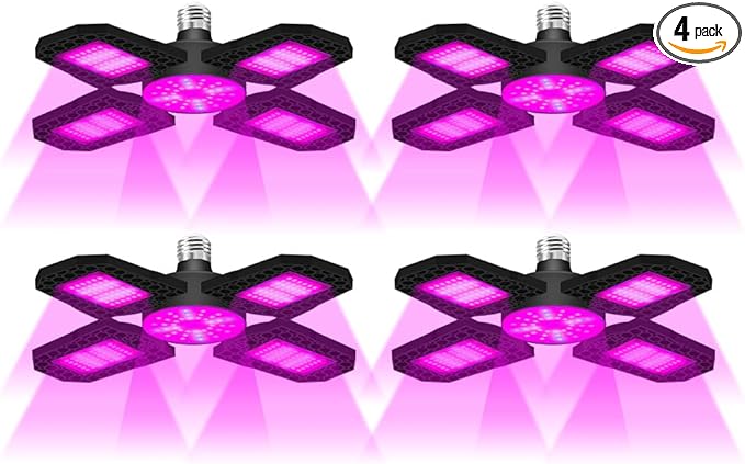 4Pack 800W Deformable Plant Light E27/E26 LED Greenhouse Hydroponic Luminaires 100-277V Indoor Plant Lamps 4 Adjustable Panels Red-Blue Spectrum for Succulent Cactus Cultivation Growth Box Fill Lights