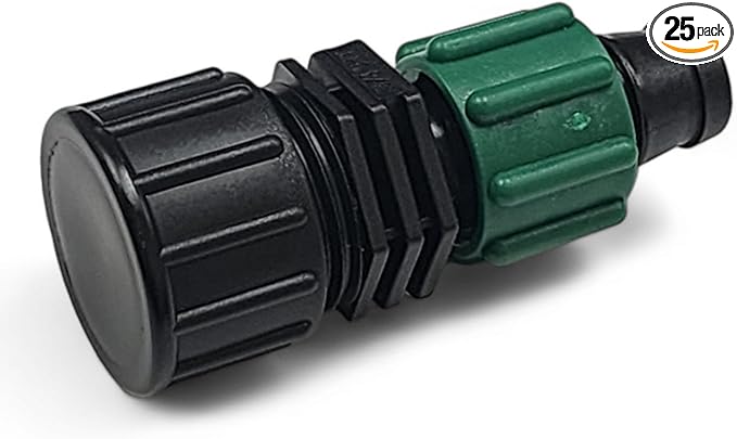 USA Made - Premium Drip Tape Irrigation Tubing END Cap 25 Pack (5/8 or .625 - .645 ID) Universal Perma-Loc Connector Barbed Locking Fitting - Fits Most Brands 16mm Drip Tape AG Tubing