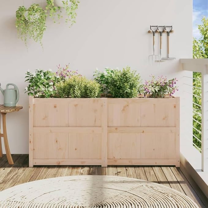 Large Rectangular Garden Planter Solid Pine Wood Untreated Finish 59.1 x 19.7 x 27.6 Inches Ideal for Outdoor Plants Herbs Vegetables