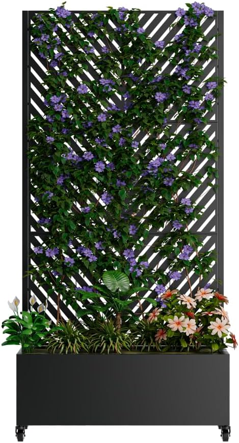 Heavy-Duty Metal Planter Box with Built-in Trellis for Climbing Plants Vegetables and Vines – Rust-Resistant Raised Garden Bed with Drainage and Mobility Features (Black-4)