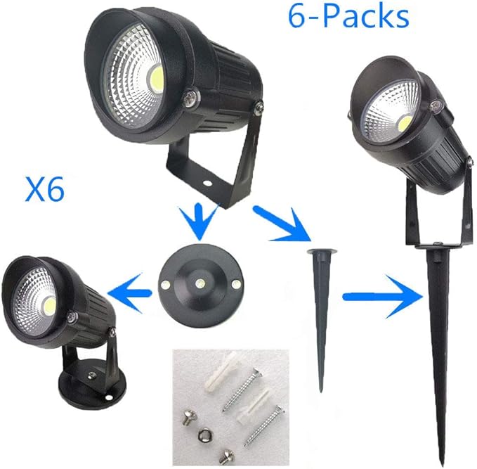 QUANS 6 Pack 5W Cool White Outdoor Landscape Spotlight LED Light Wall Mount Fixture Lamp Waterproof Stake Spike Stand for Pathway Lawn Garden Yard Tree Grass Lighting 110V AC US 3Pong Plug