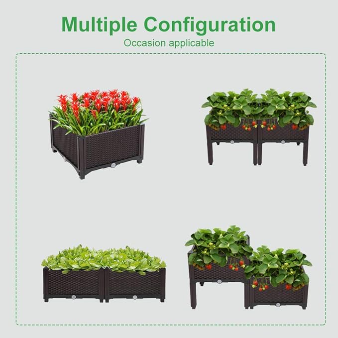 VINGLI Square Raised Garden Bed Self-Watering Plastic Planter for Indoor Outdoor Vegetables Fruits Potato Flowers All Weather (2 Pcs)