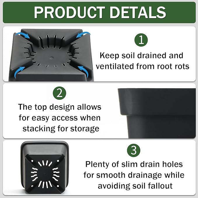BTPLASTIK Square Nursery Pots 5.5 Inch 50Pcs Plastic Sturdy Reusable Seedling Pots with Drainage Holes Garden Flower Planters for Indoor/Outdoor Transplanting Succulents Cuttings Black