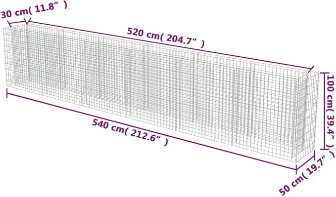 Gabion Raised Bed Galvanized SteelRaised Planter Box with Climbing Plants for Flowers Herbs and Fruits Lawns Verandas Balconies and Patios. 212.6X19.7X39.4